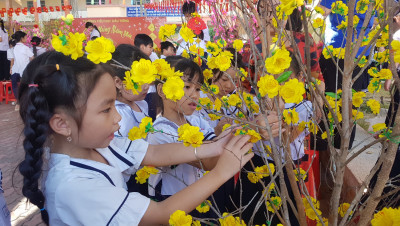 Học sinh được trải nghiệm trang trí cây mai- đào chào xuân Giáp Thìn 2024