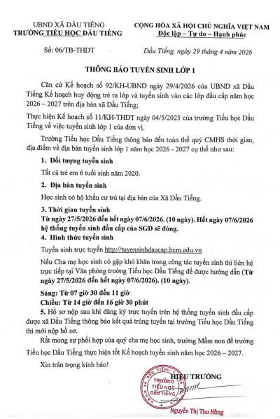 Thông báo tuyển sinh lớp 1 năm học 2026-2027